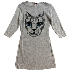 Hot Shot Gray Cat Graphic Knit Sweater Dress 3/4 Sleeve Small USA Made
